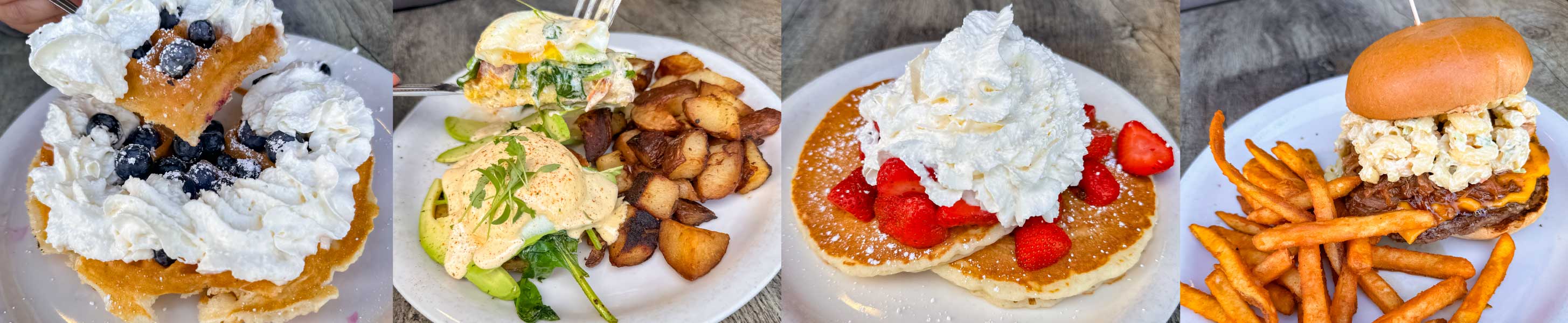 Blueberry N Cream Waffles, Avocado Spinach Tomato Eggs Benedict, Blueberry Pancakes, Stacks Cheeseburger